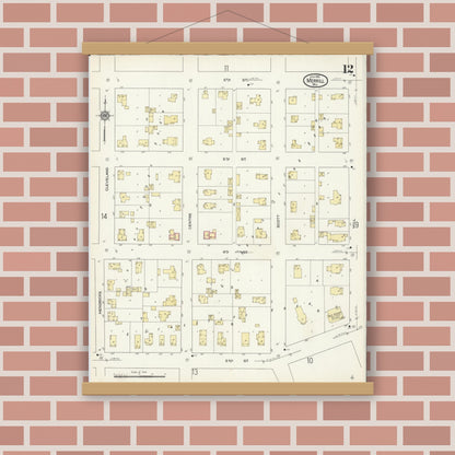 Old map wall art mockup — magnetic wood frame on brick wall — Sanborn Fire Insurance Map from Merrill, Lincoln County, Wisconsin (1913), Sheet #0012
