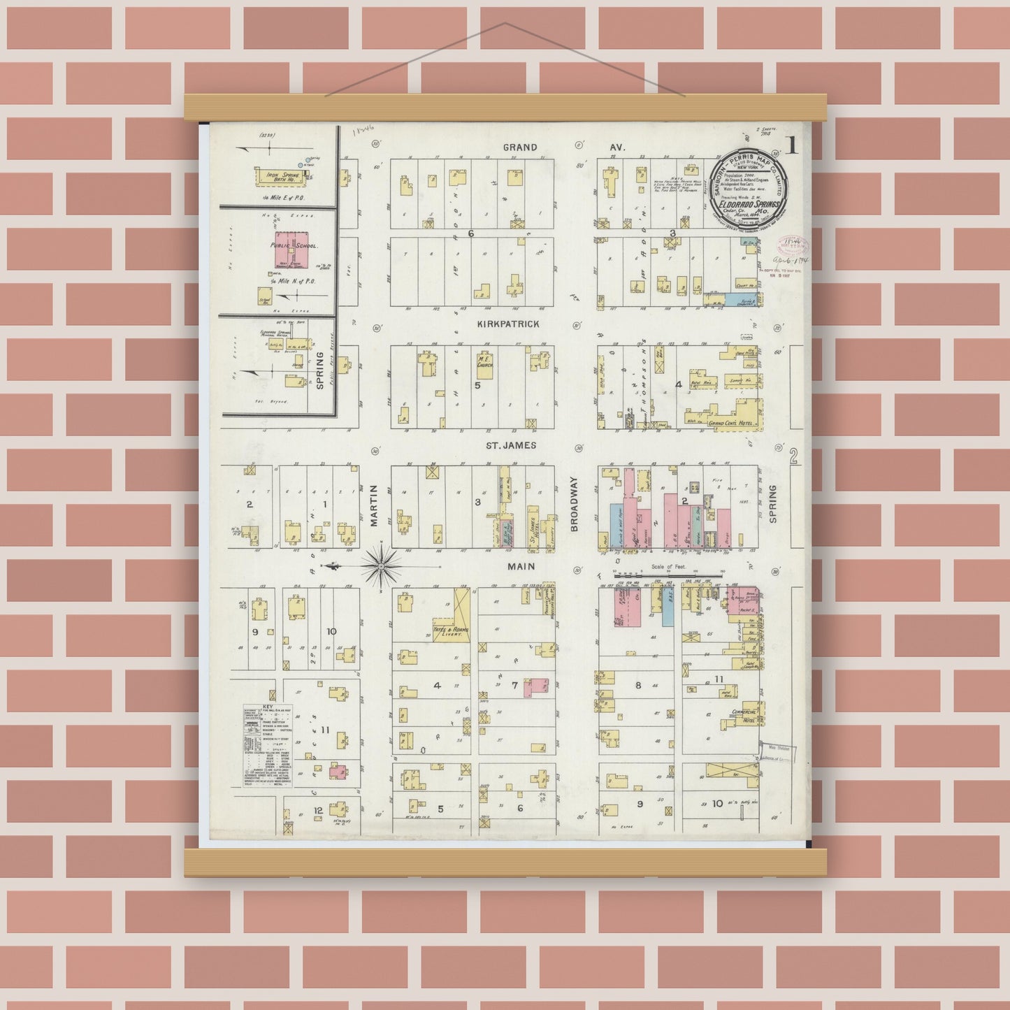 Old map wall art mockup — magnetic wood frame on brick wall — Sanborn Fire Insurance Map from Eldorado Springs, Cedar County, Missouri (1894) - Complete Map Set