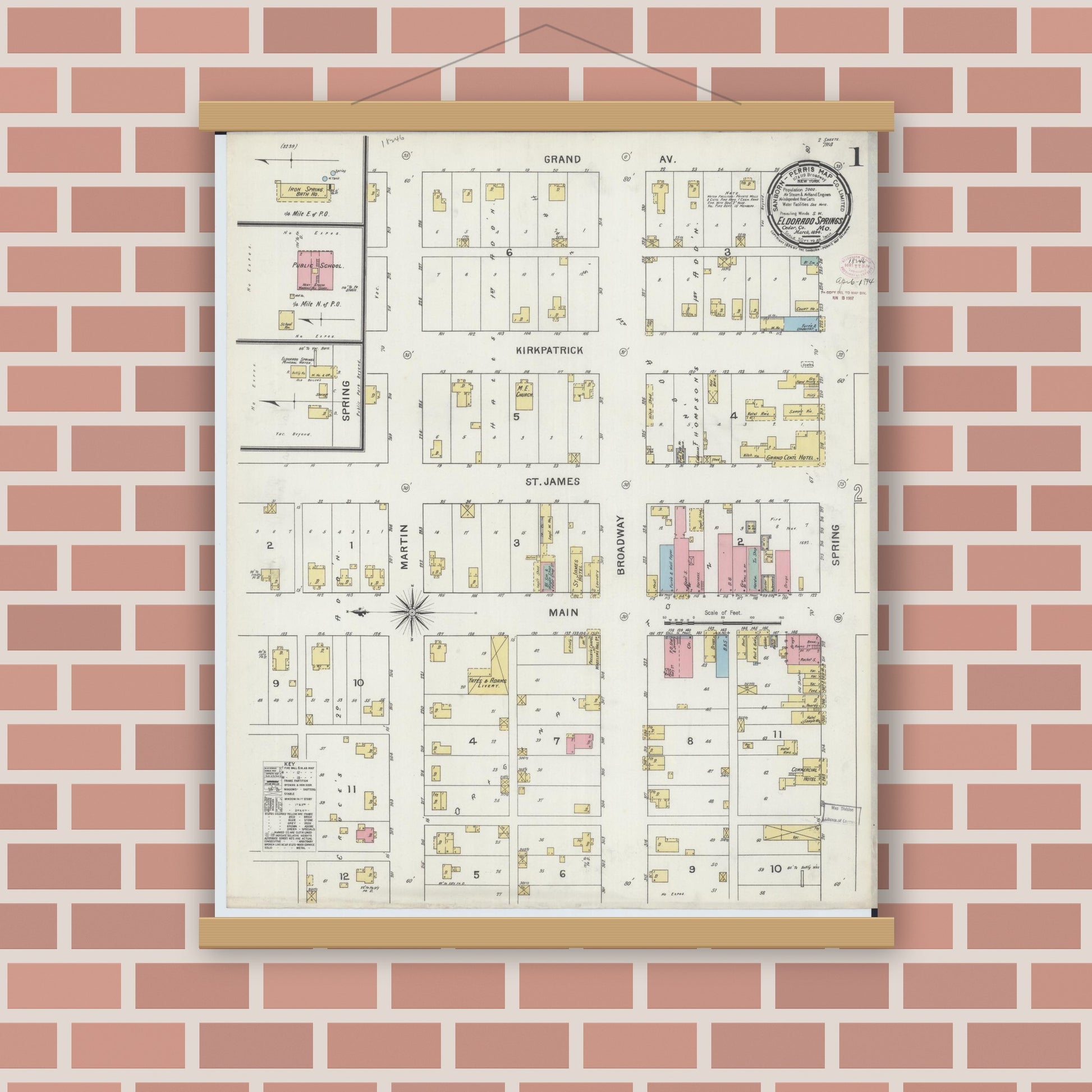Old map wall art mockup — magnetic wood frame on brick wall — Sanborn Fire Insurance Map from Eldorado Springs, Cedar County, Missouri (1894) - Complete Map Set