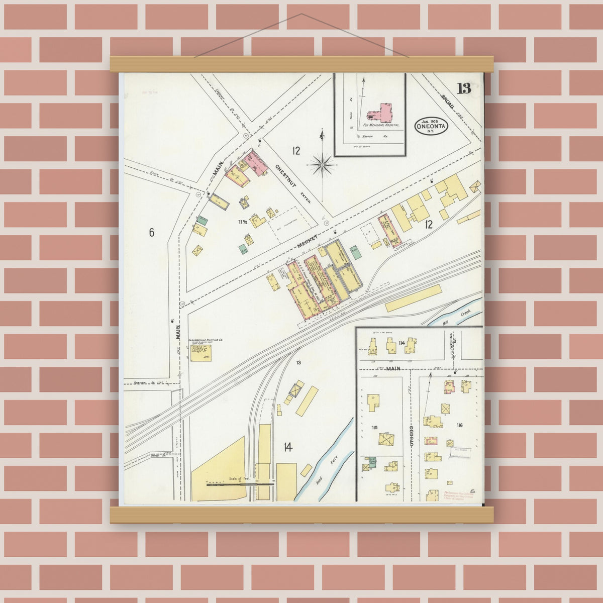 Old map wall art mockup — magnetic wood frame on brick wall — Sanborn Fire Insurance Map from Oneonta, Otsego County, New York (1905), Sheet #0013