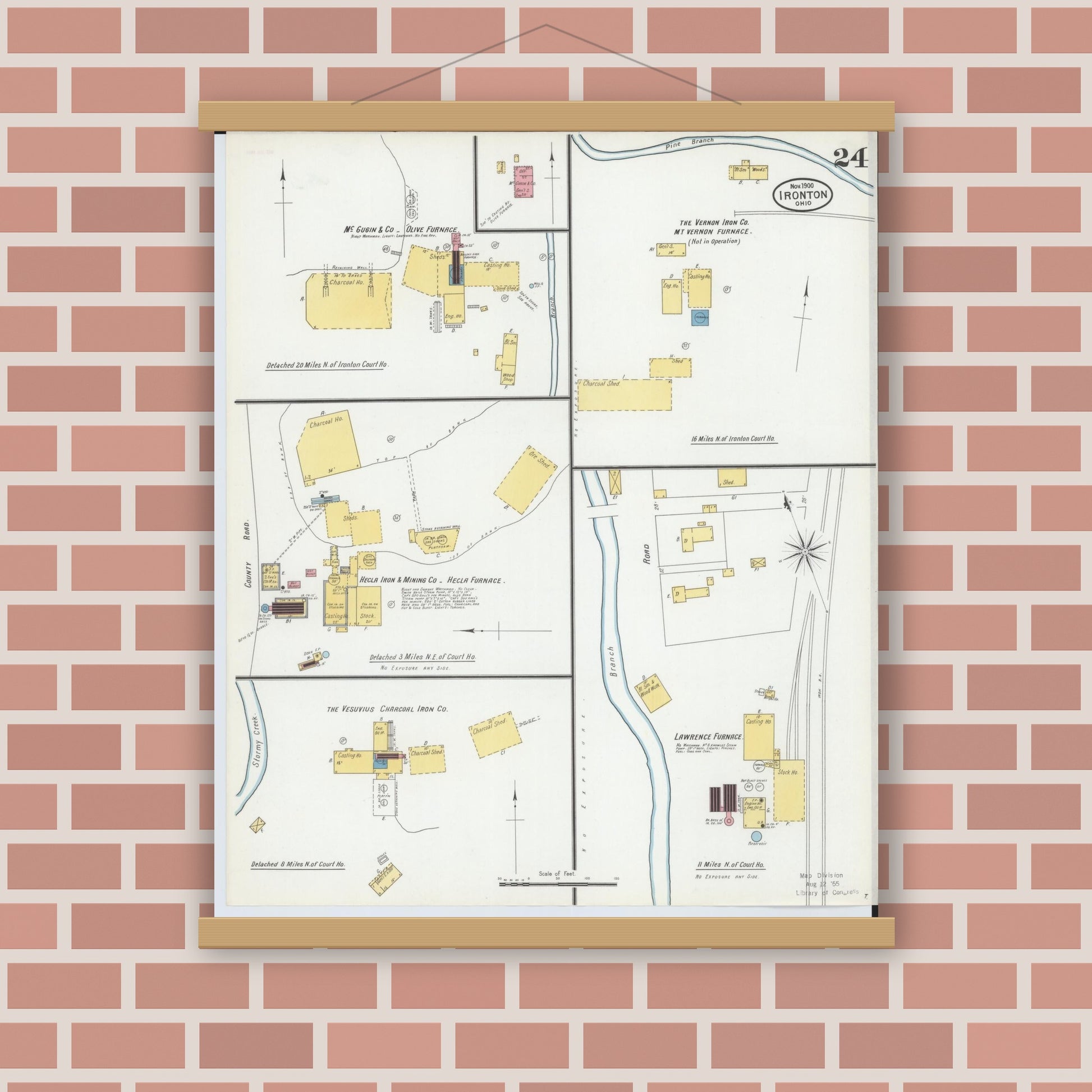 Old map wall art mockup — magnetic wood frame on brick wall — Sanborn Fire Insurance Map from Ironton, Lawrence County, Ohio (1900), Sheet #0024