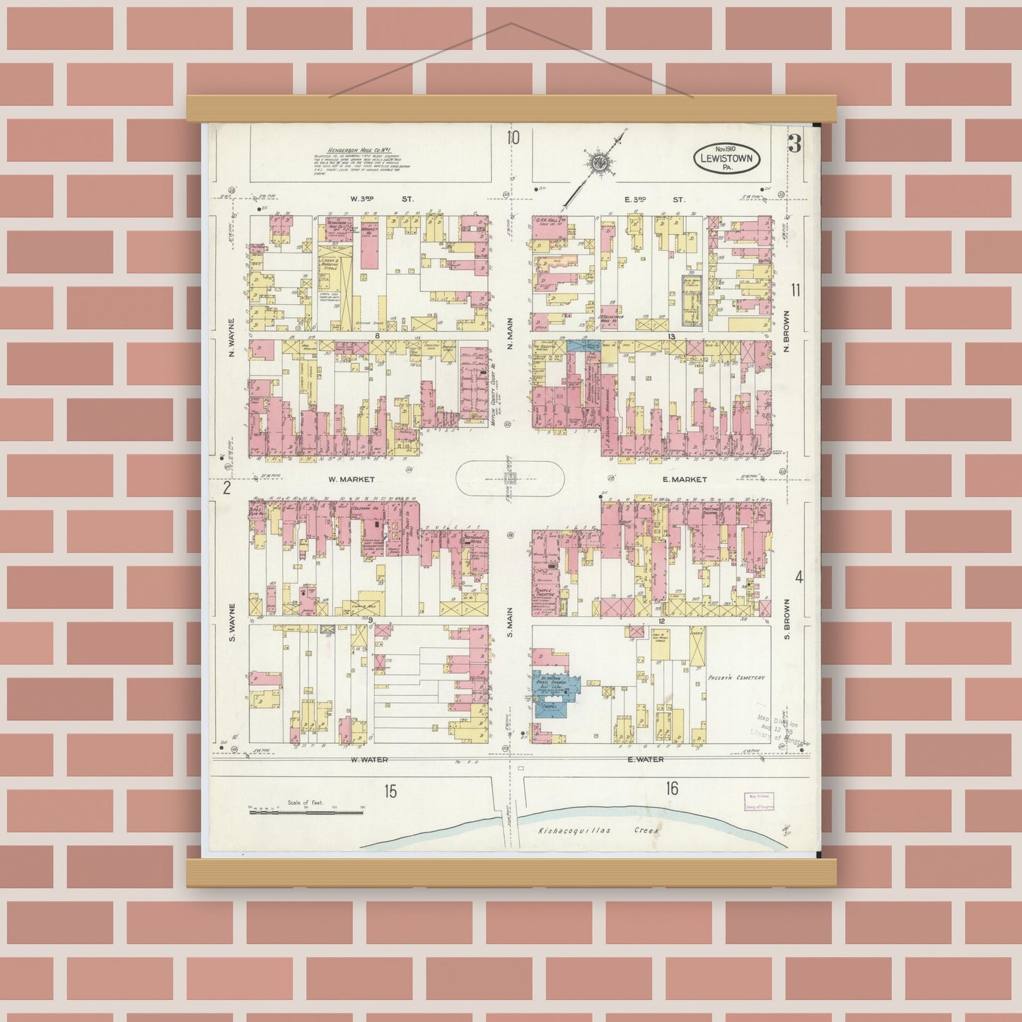 Old map wall art mockup — magnetic wood frame on brick wall — Sanborn Fire Insurance Map from Lewistown, Mifflin County, Pennsylvania (1910), Sheet #0003