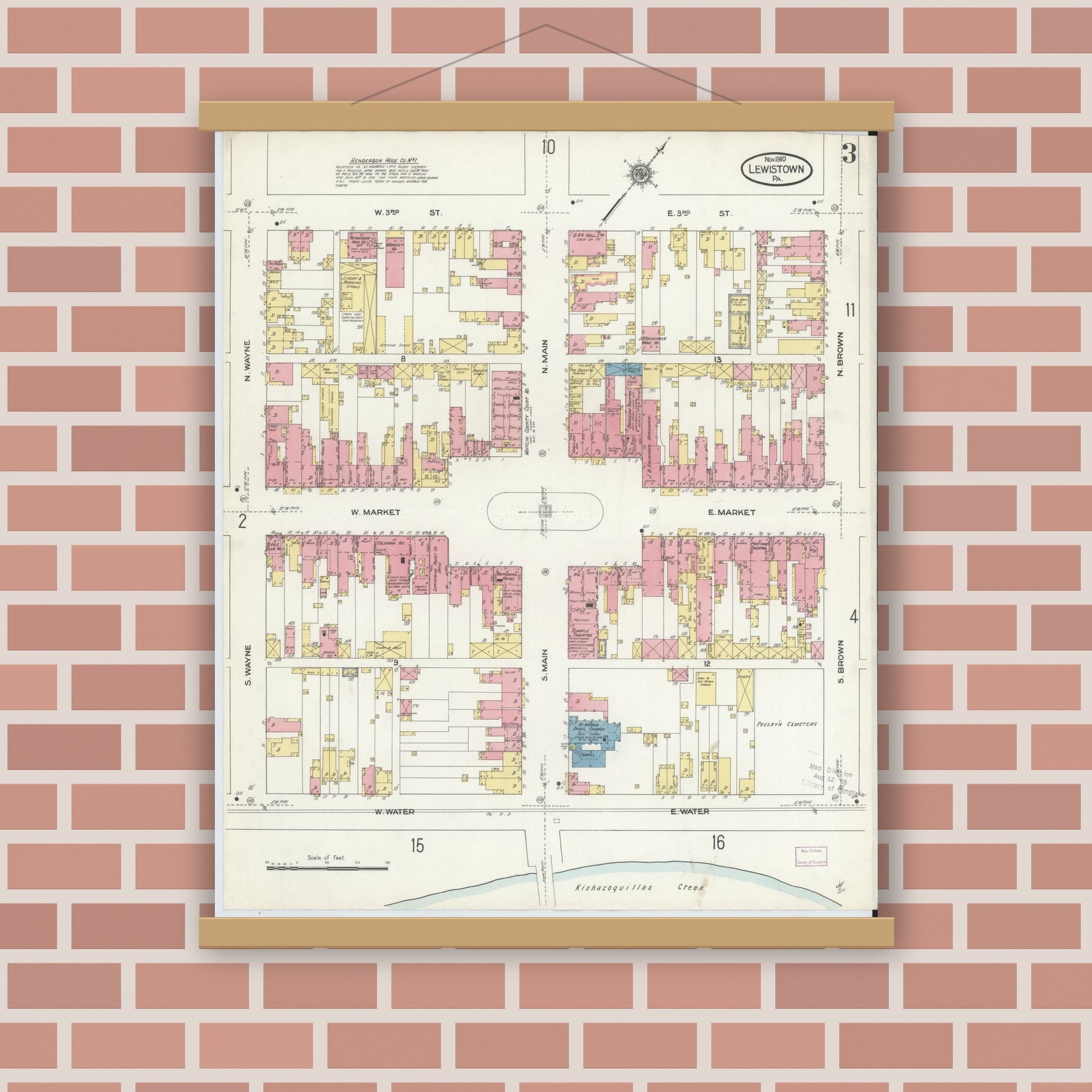Old map wall art mockup — magnetic wood frame on brick wall — Sanborn Fire Insurance Map from Lewistown, Mifflin County, Pennsylvania (1910), Sheet #0003