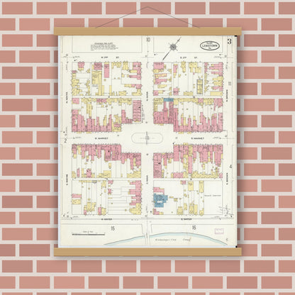 Old map wall art mockup — magnetic wood frame on brick wall — Sanborn Fire Insurance Map from Lewistown, Mifflin County, Pennsylvania (1910), Sheet #0003