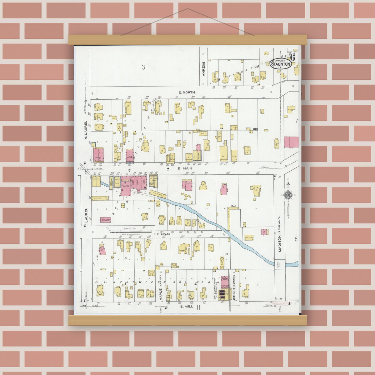 Old map wall art mockup — magnetic wood frame on brick wall — Sanborn Fire Insurance Map from Staunton, Macoupin County, Illinois (1921), Sheet #0006