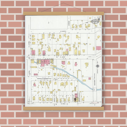 Old map wall art mockup — magnetic wood frame on brick wall — Sanborn Fire Insurance Map from Staunton, Macoupin County, Illinois (1921), Sheet #0006