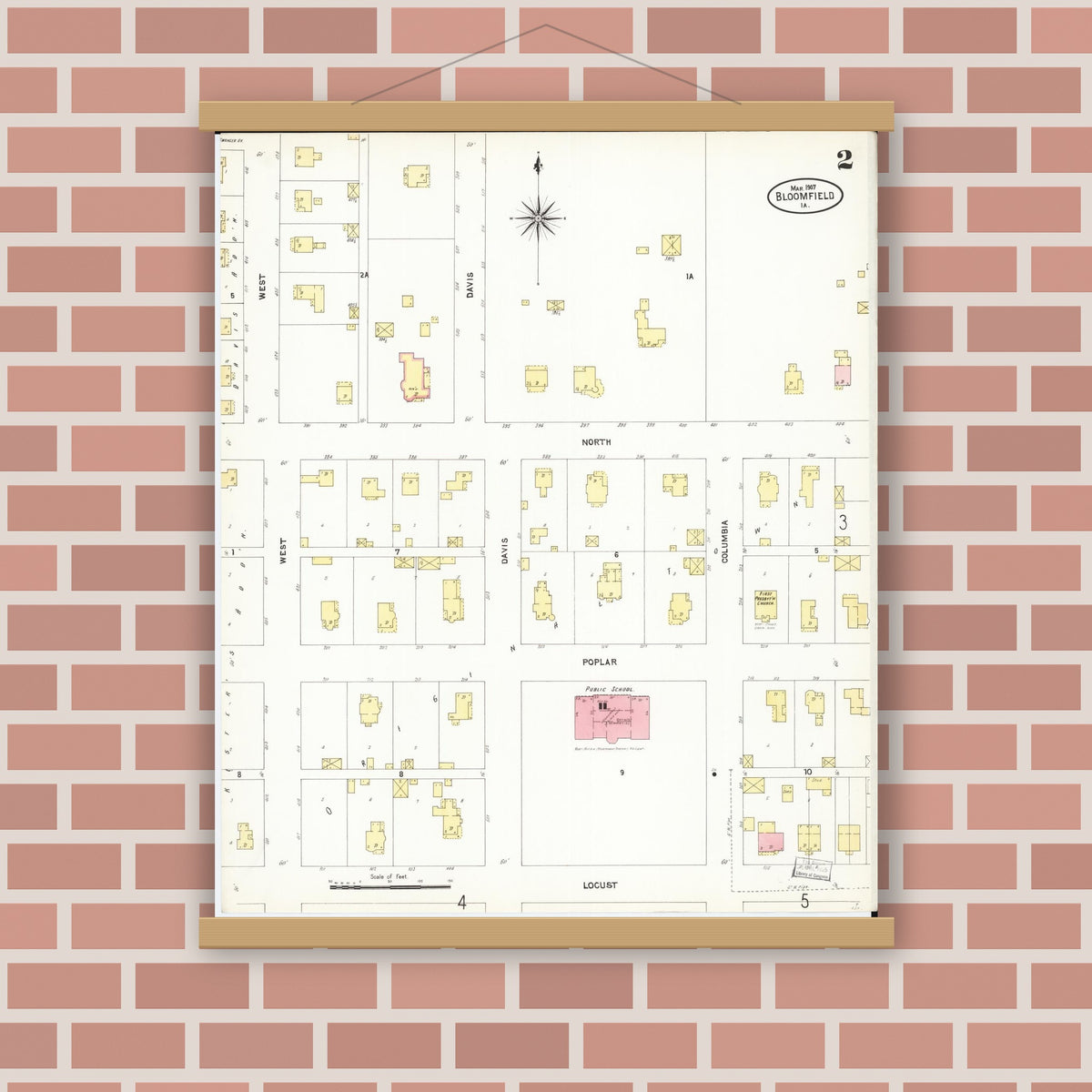 Old map wall art mockup — magnetic wood frame on brick wall — Sanborn Fire Insurance Map from Bloomfield, Davis County, Iowa (1907), Sheet #0002