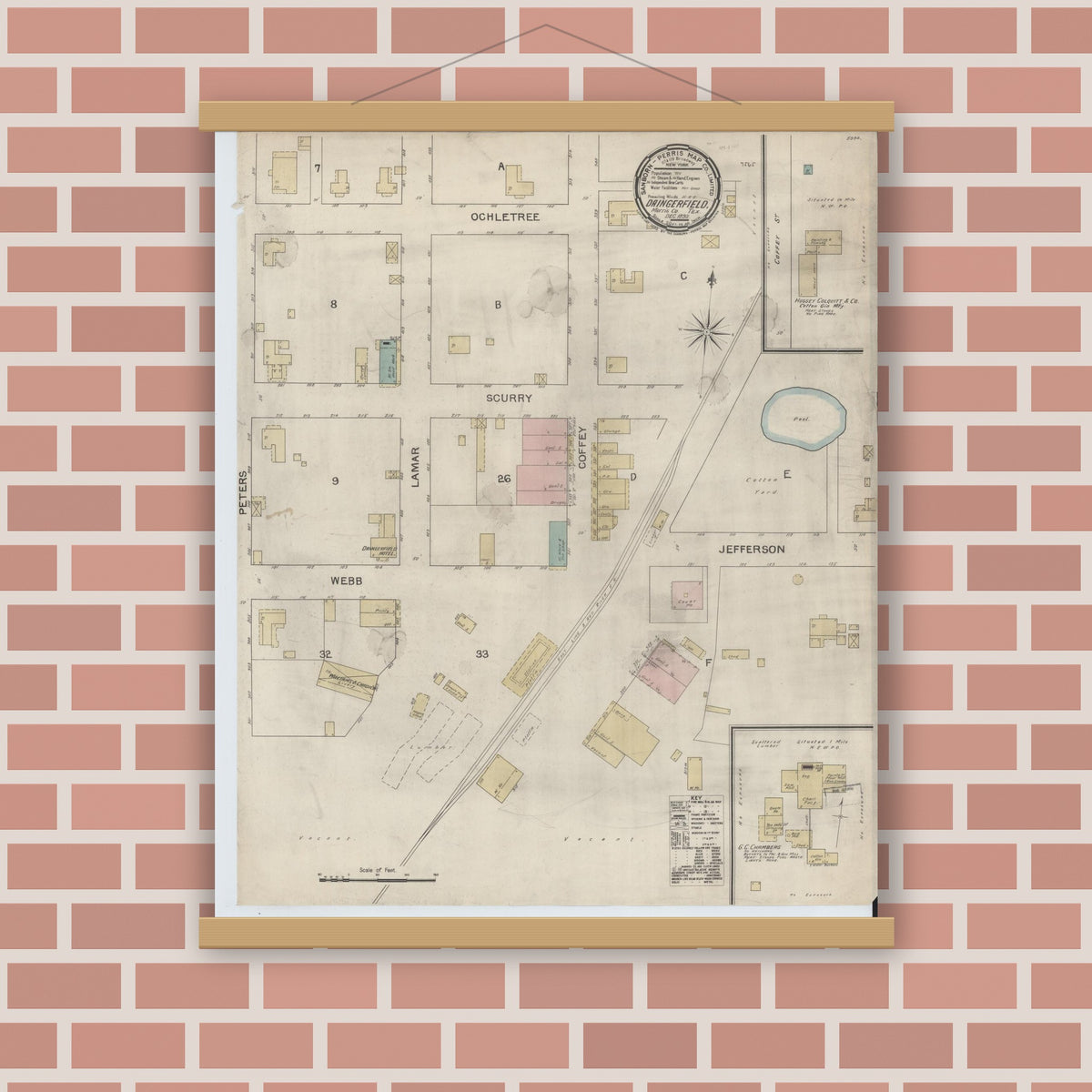 Old map wall art mockup — magnetic wood frame on brick wall — Sanborn Fire Insurance Map from Daingerfield, Morris County, Texas (1892), Sheet #0001