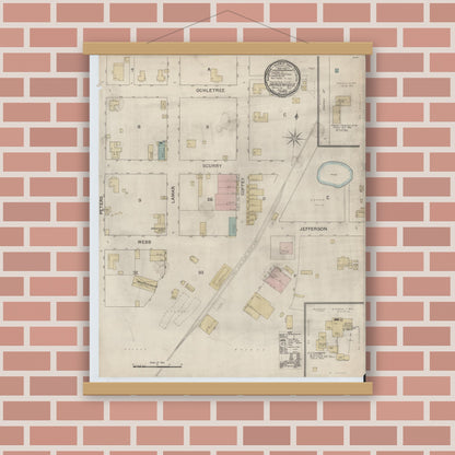 Old map wall art mockup — magnetic wood frame on brick wall — Sanborn Fire Insurance Map from Daingerfield, Morris County, Texas (1892), Sheet #0001