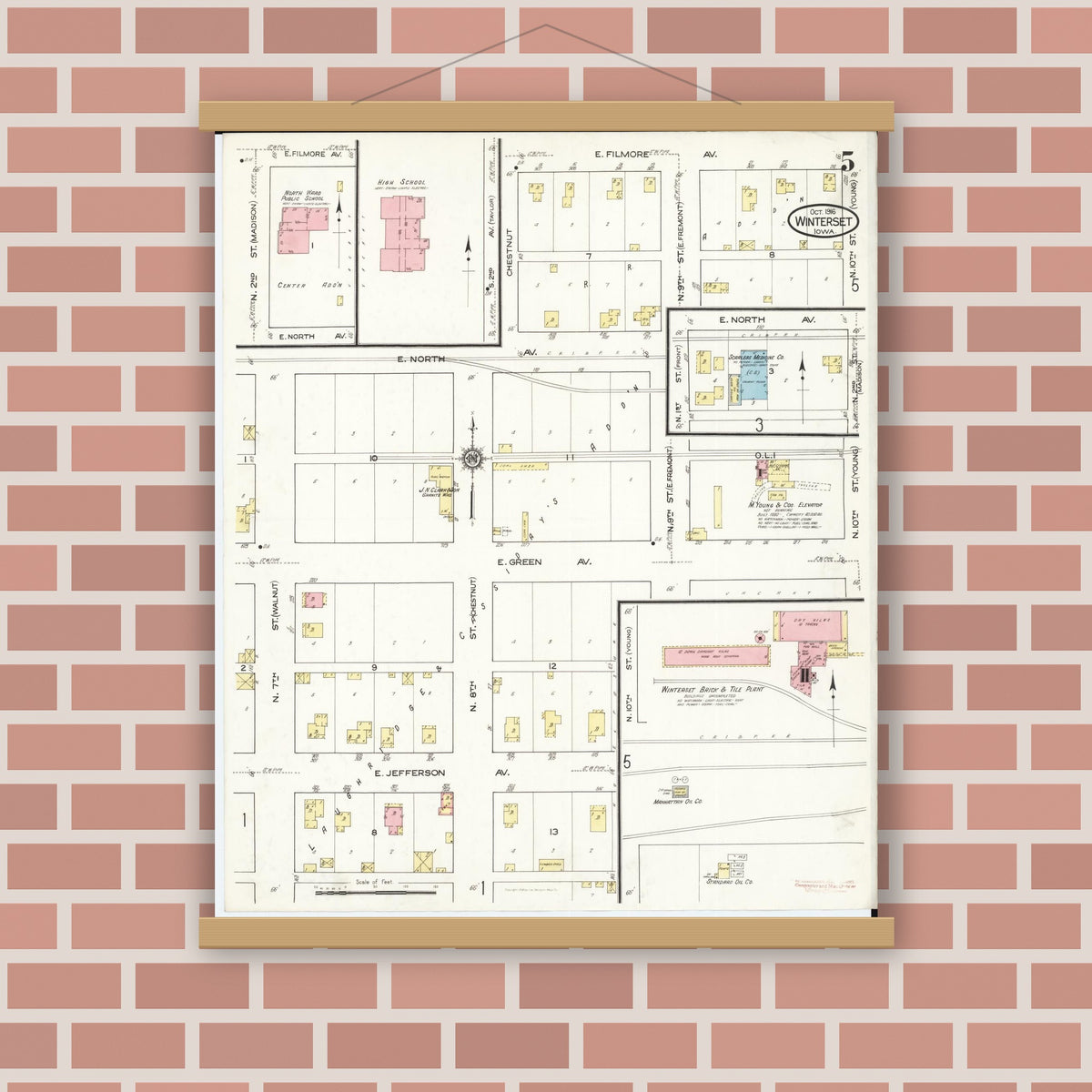 Old map wall art mockup — magnetic wood frame on brick wall — Sanborn Fire Insurance Map from Winterset, Madison County, Iowa (1916), Sheet #0005