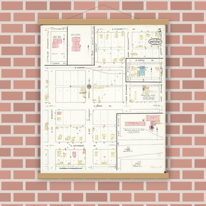 Old map wall art mockup — magnetic wood frame on brick wall — Sanborn Fire Insurance Map from Winterset, Madison County, Iowa (1916), Sheet #0005