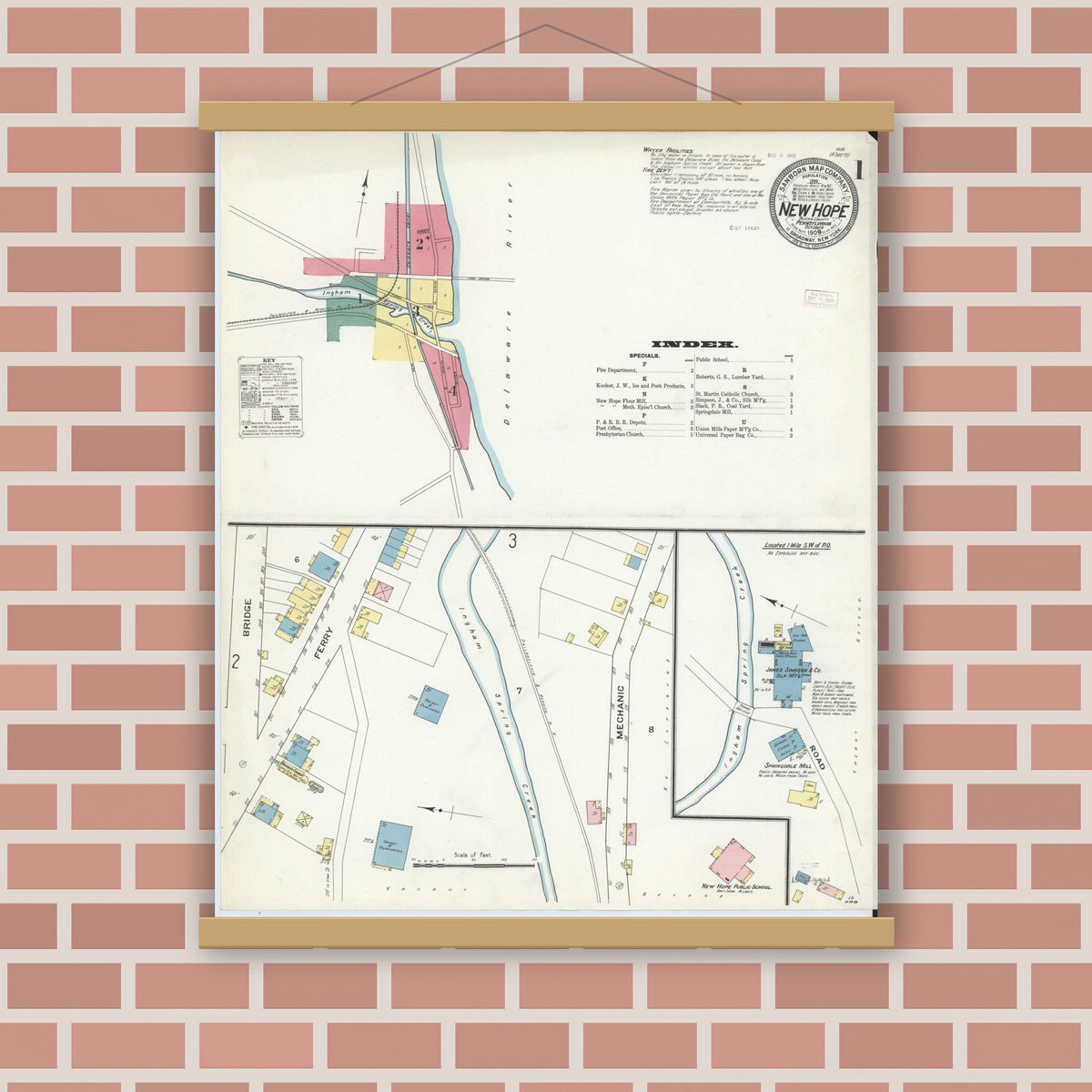 Old map wall art mockup — magnetic wood frame on brick wall — Sanborn Fire Insurance Map from New Hope, Bucks County, Pennsylvania (1909), Sheet #0001