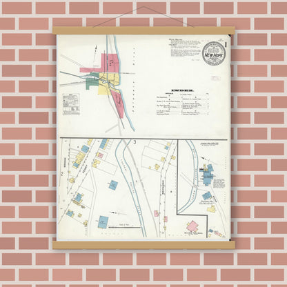 Old map wall art mockup — magnetic wood frame on brick wall — Sanborn Fire Insurance Map from New Hope, Bucks County, Pennsylvania (1909), Sheet #0001