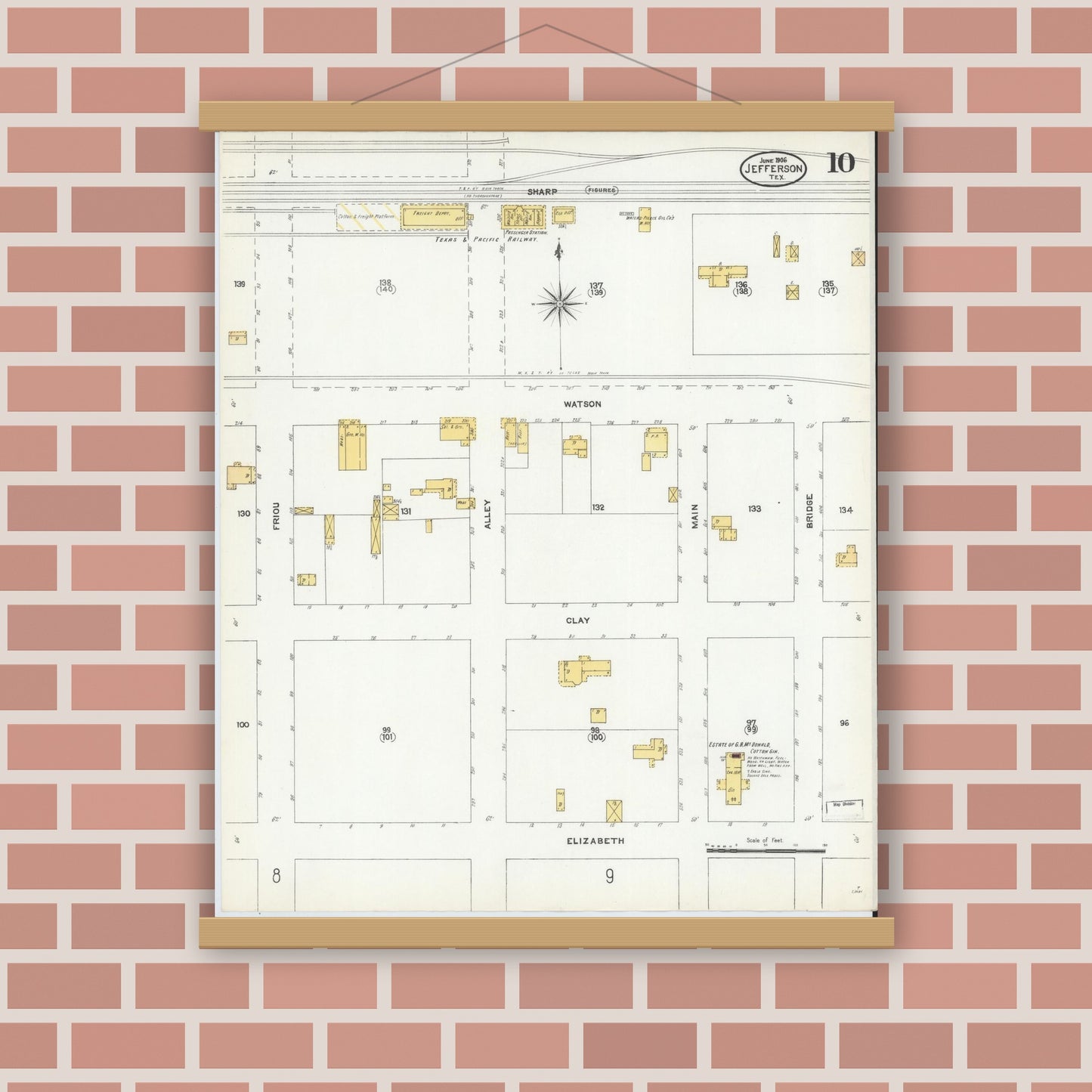 Old map wall art mockup — magnetic wood frame on brick wall — Sanborn Fire Insurance Map from Jefferson, Marion County, Texas (1906), Sheet #0010