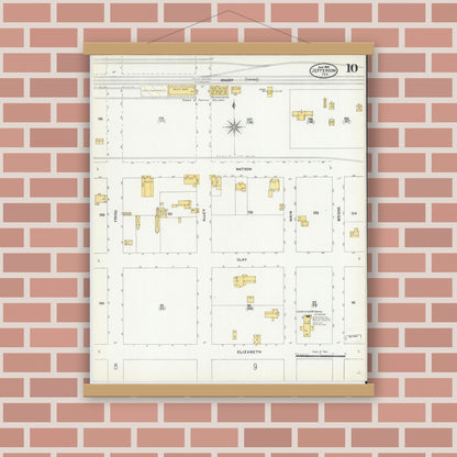 Old map wall art mockup — magnetic wood frame on brick wall — Sanborn Fire Insurance Map from Jefferson, Marion County, Texas (1906), Sheet #0010