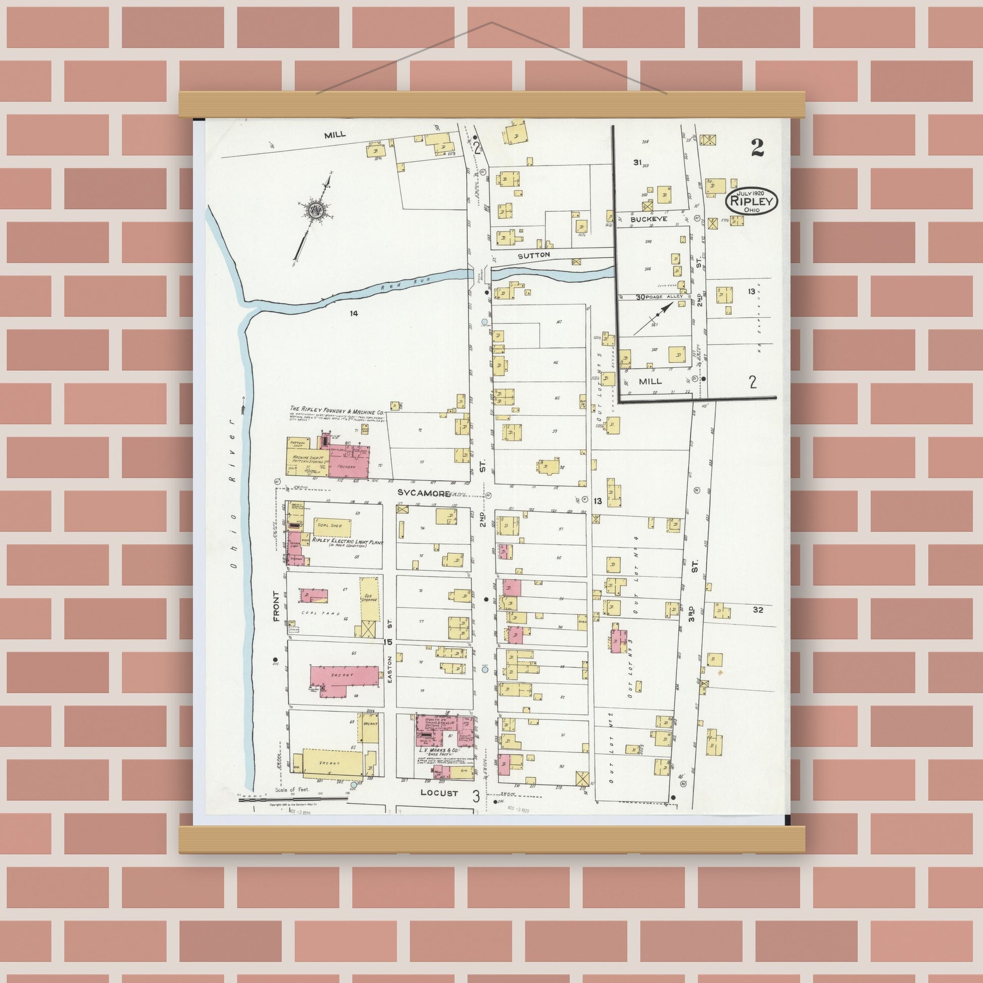 Old map wall art mockup — magnetic wood frame on brick wall — Sanborn Fire Insurance Map from Ripley, Brown County, Ohio (1920), Sheet #0002