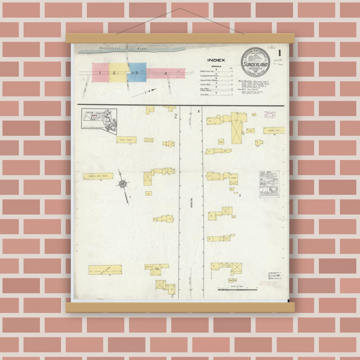 Old map wall art mockup — magnetic wood frame on brick wall — Sanborn Fire Insurance Map from Sunderland, Franklin County, Massachusetts (1915), Sheet #0001