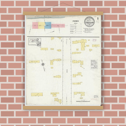 Old map wall art mockup — magnetic wood frame on brick wall — Sanborn Fire Insurance Map from Sunderland, Franklin County, Massachusetts (1915), Sheet #0001
