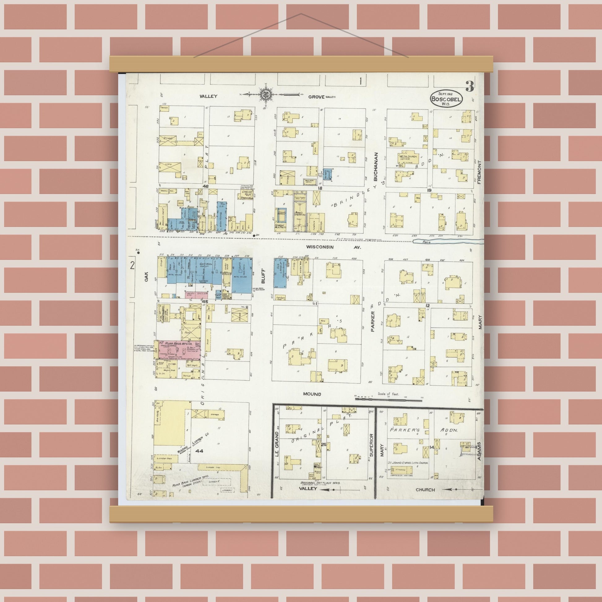 Old map wall art mockup — magnetic wood frame on brick wall — Sanborn Fire Insurance Map from Boscobel, Grant County, Wisconsin (1912), Sheet #0003