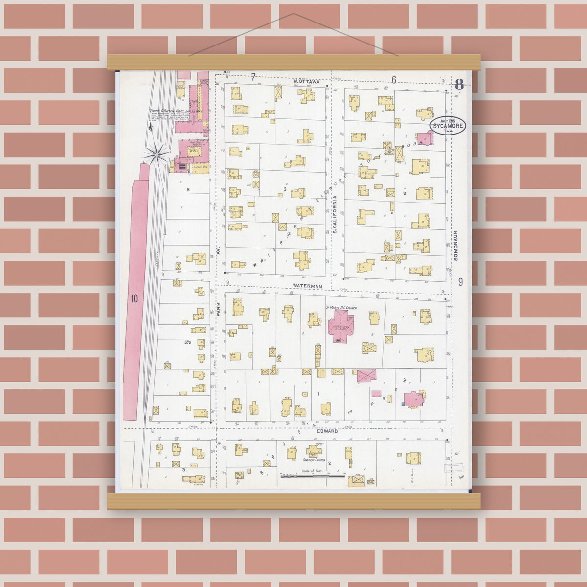Old map wall art mockup — magnetic wood frame on brick wall — Sanborn Fire Insurance Map from Sycamore, De Kalb County, Illinois (1905), Sheet #0008