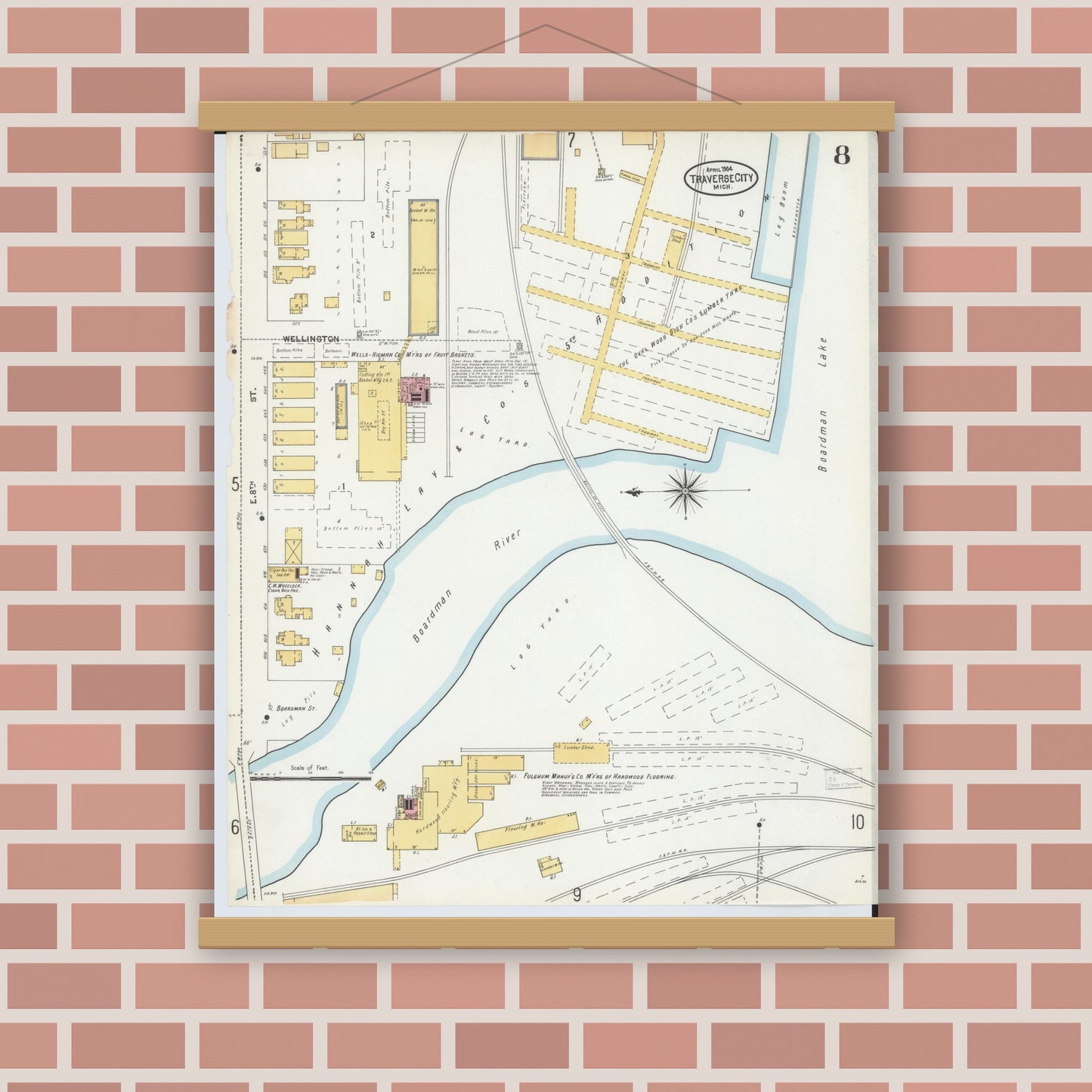 Old map wall art mockup — magnetic wood frame on brick wall — Sanborn Fire Insurance Map from Traverse City, Grand Traverse County, Michigan (1904), Sheet #0008