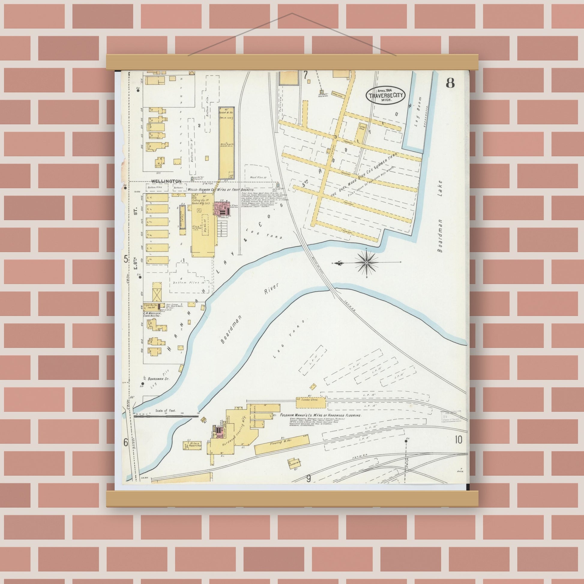 Old map wall art mockup — magnetic wood frame on brick wall — Sanborn Fire Insurance Map from Traverse City, Grand Traverse County, Michigan (1904), Sheet #0008
