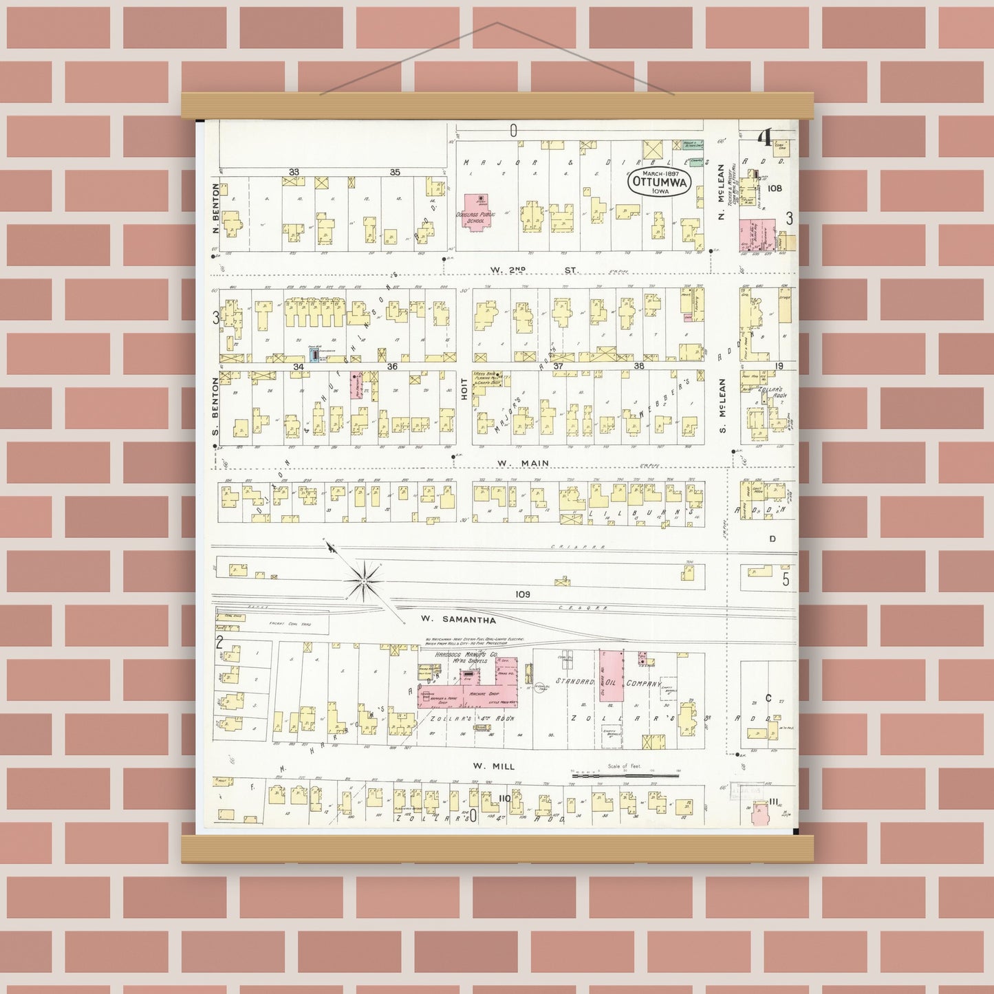Old map wall art mockup — magnetic wood frame on brick wall — Sanborn Fire Insurance Map from Ottumwa, Wapello County, Iowa (1897), Sheet #0004