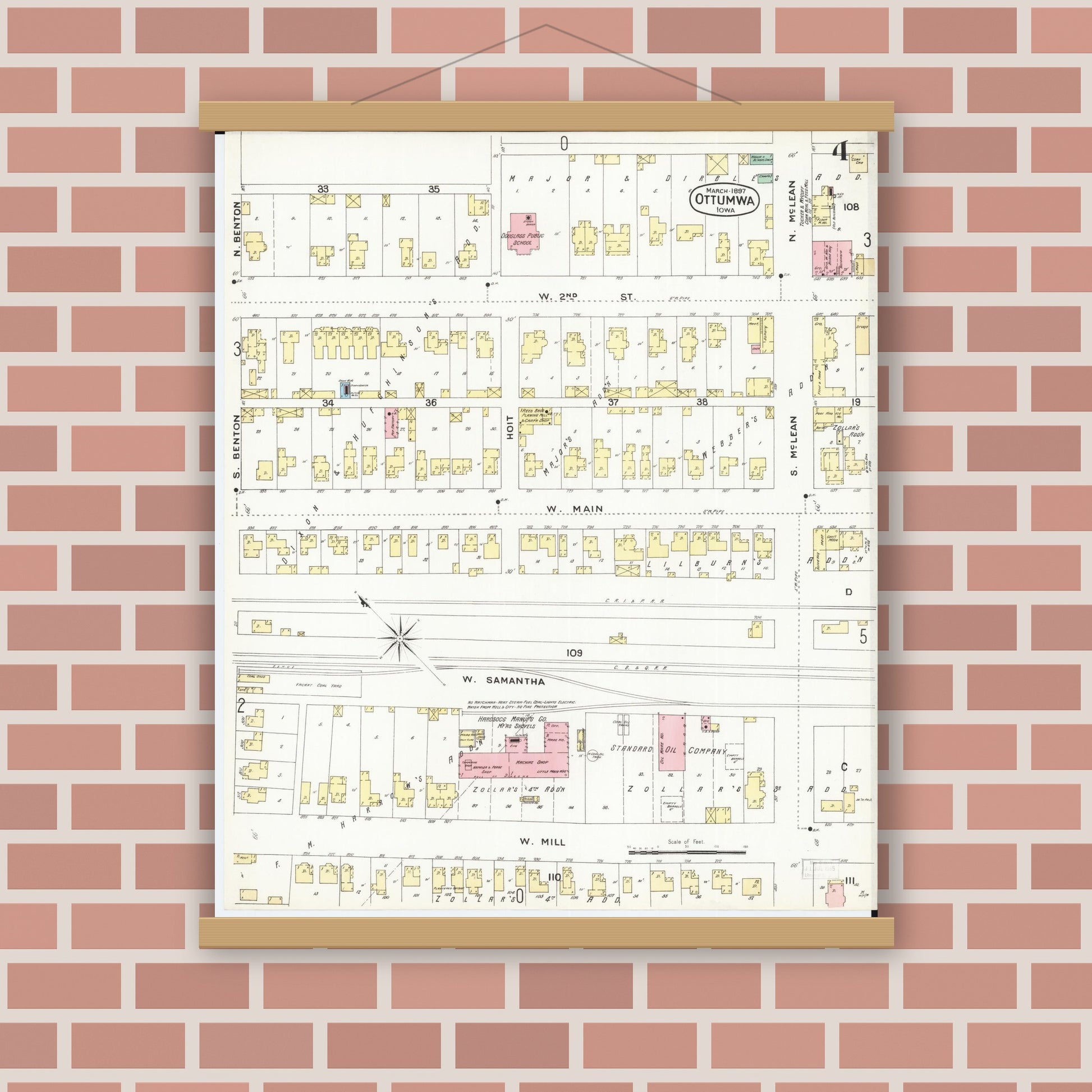 Old map wall art mockup — magnetic wood frame on brick wall — Sanborn Fire Insurance Map from Ottumwa, Wapello County, Iowa (1897), Sheet #0004