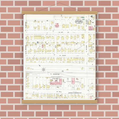 Old map wall art mockup — magnetic wood frame on brick wall — Sanborn Fire Insurance Map from Ottumwa, Wapello County, Iowa (1897), Sheet #0004