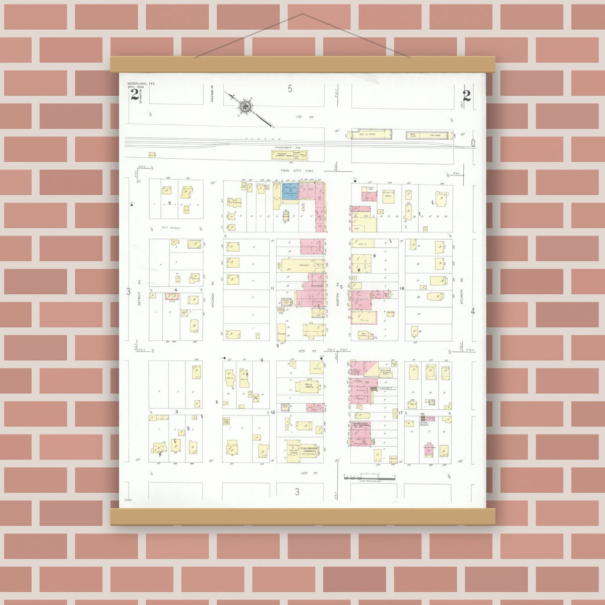 Old map wall art mockup — magnetic wood frame on brick wall — Sanborn Fire Insurance Map from Nederland, Jefferson County, Texas (1949), Sheet #0002