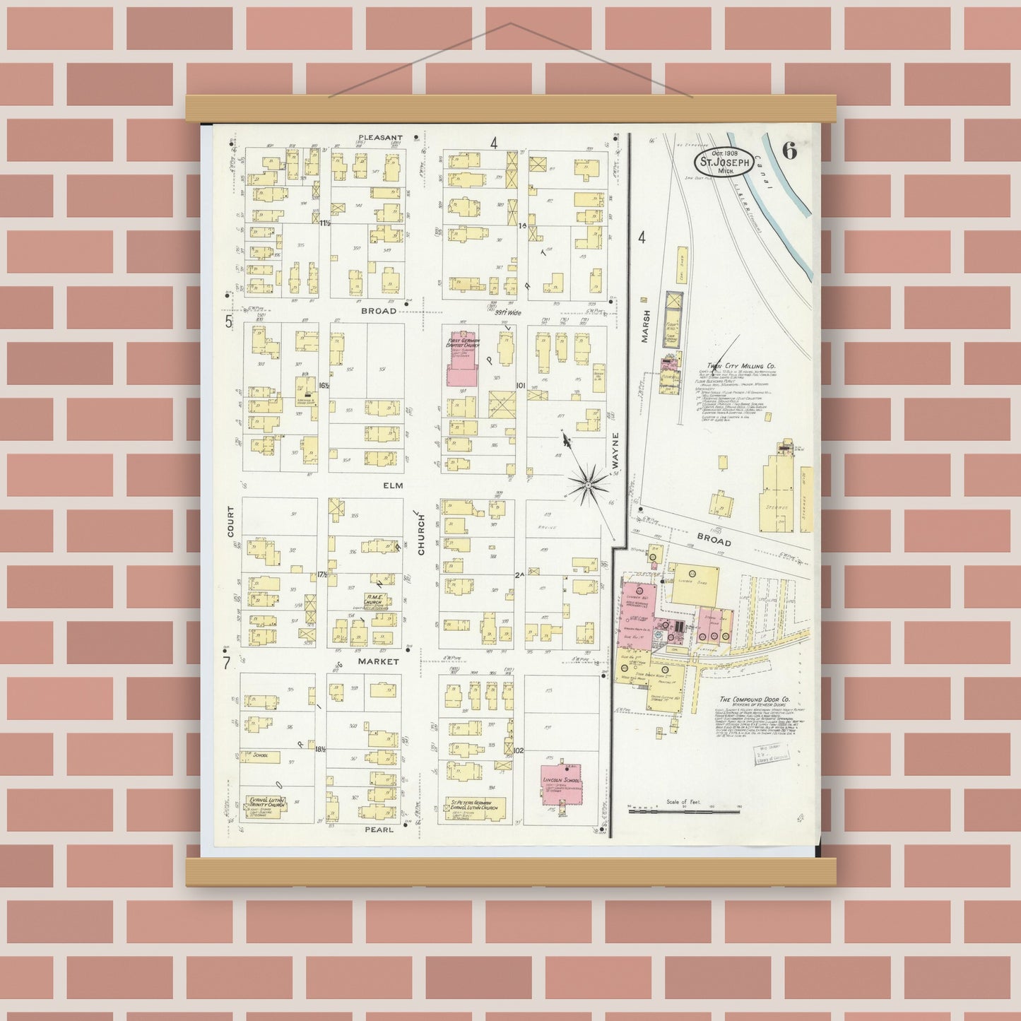 Old map wall art mockup — magnetic wood frame on brick wall — Sanborn Fire Insurance Map from Saint Joseph, Berrien County, Michigan (1908), Sheet #0006