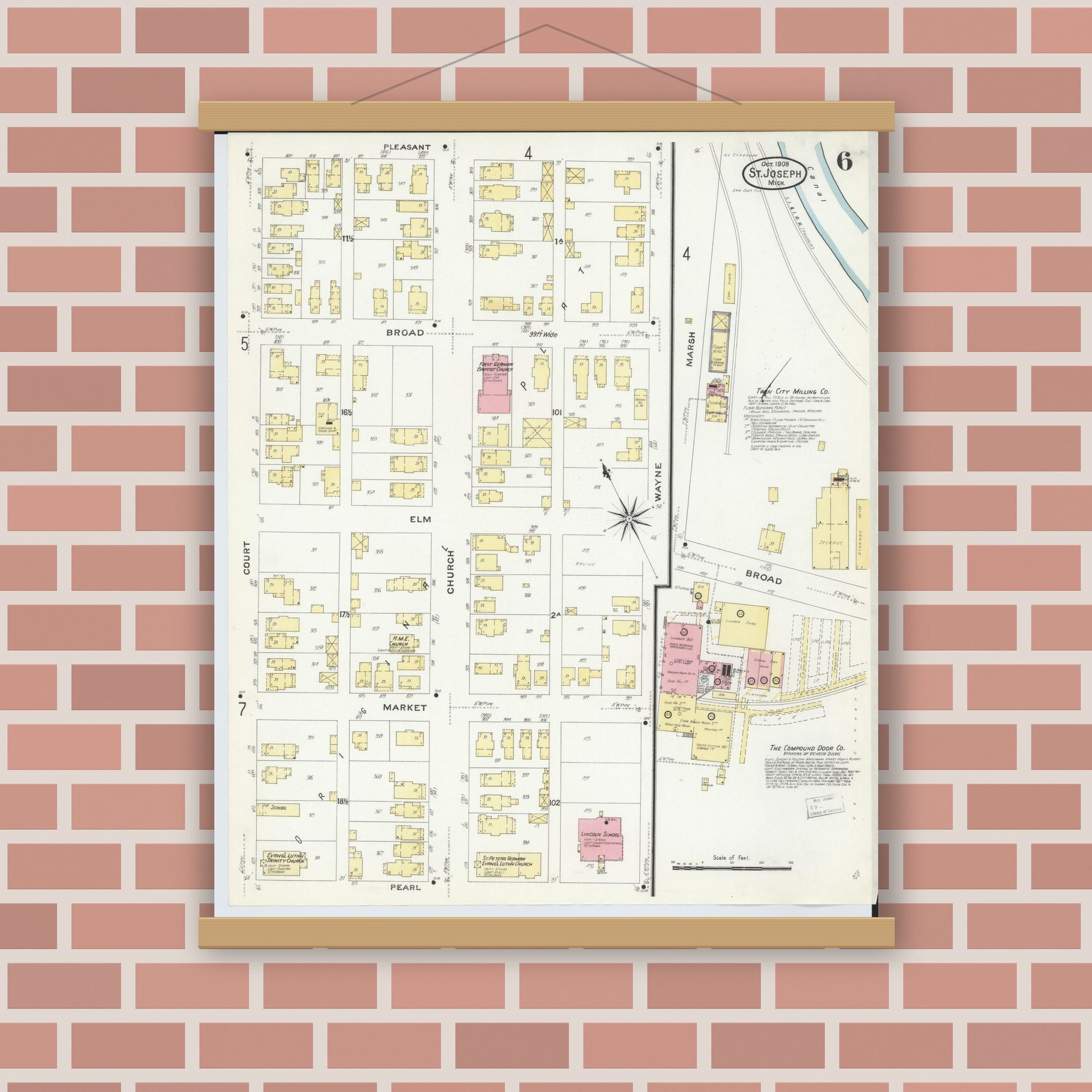 Old map wall art mockup — magnetic wood frame on brick wall — Sanborn Fire Insurance Map from Saint Joseph, Berrien County, Michigan (1908), Sheet #0006