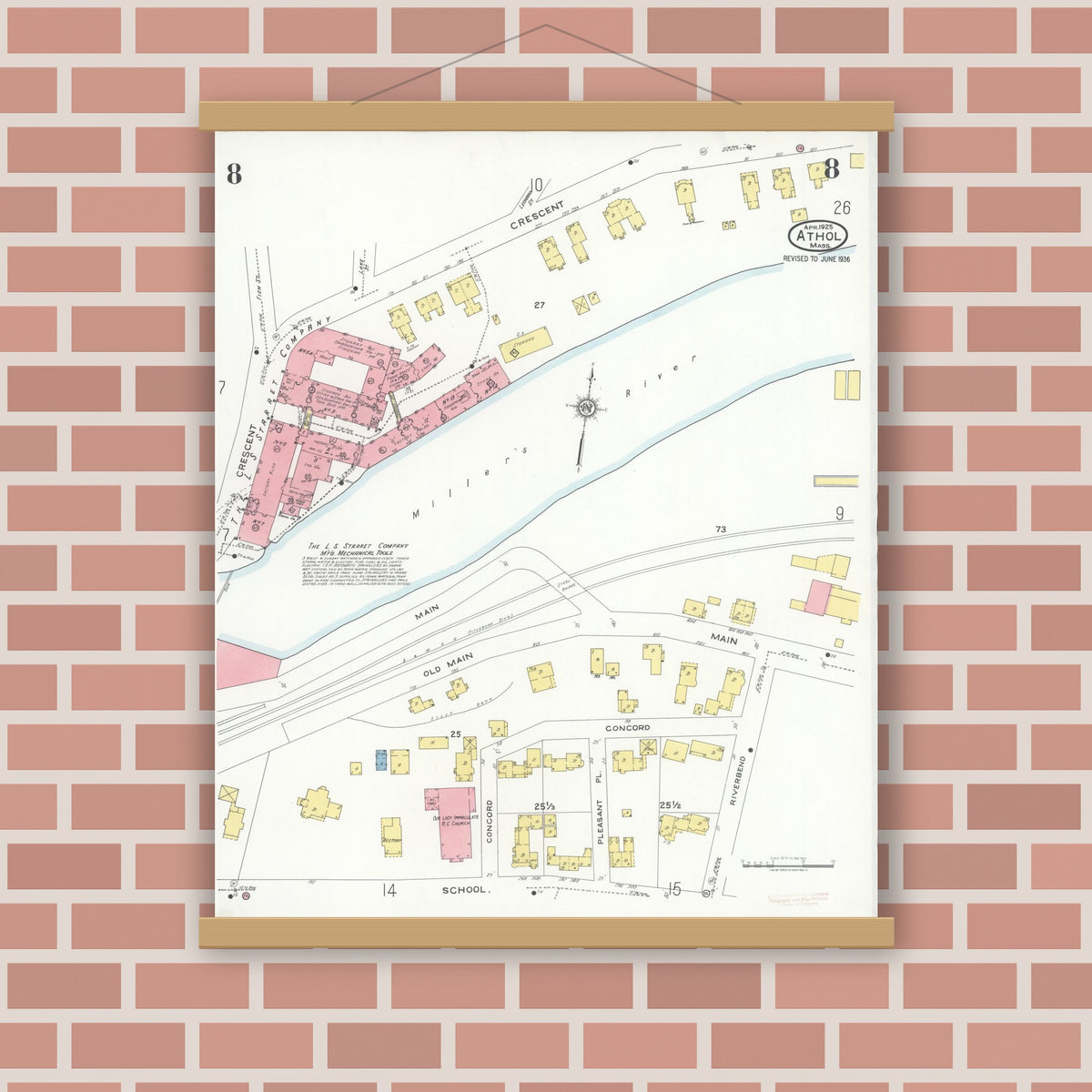 Old map wall art mockup — magnetic wood frame on brick wall — Sanborn Fire Insurance Map from Athol, Worcester County, Massachusetts (1936), Sheet #0008