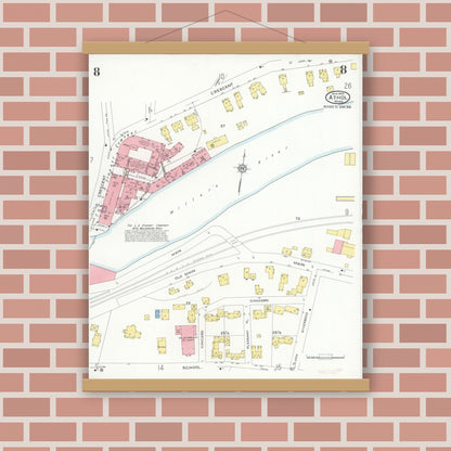 Old map wall art mockup — magnetic wood frame on brick wall — Sanborn Fire Insurance Map from Athol, Worcester County, Massachusetts (1936), Sheet #0008