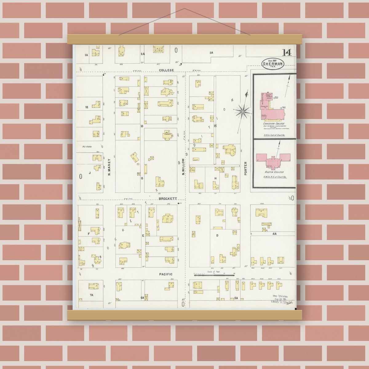 Old map wall art mockup — magnetic wood frame on brick wall — Sanborn Fire Insurance Map from Sherman, Grayson County, Texas (1897), Sheet #0014