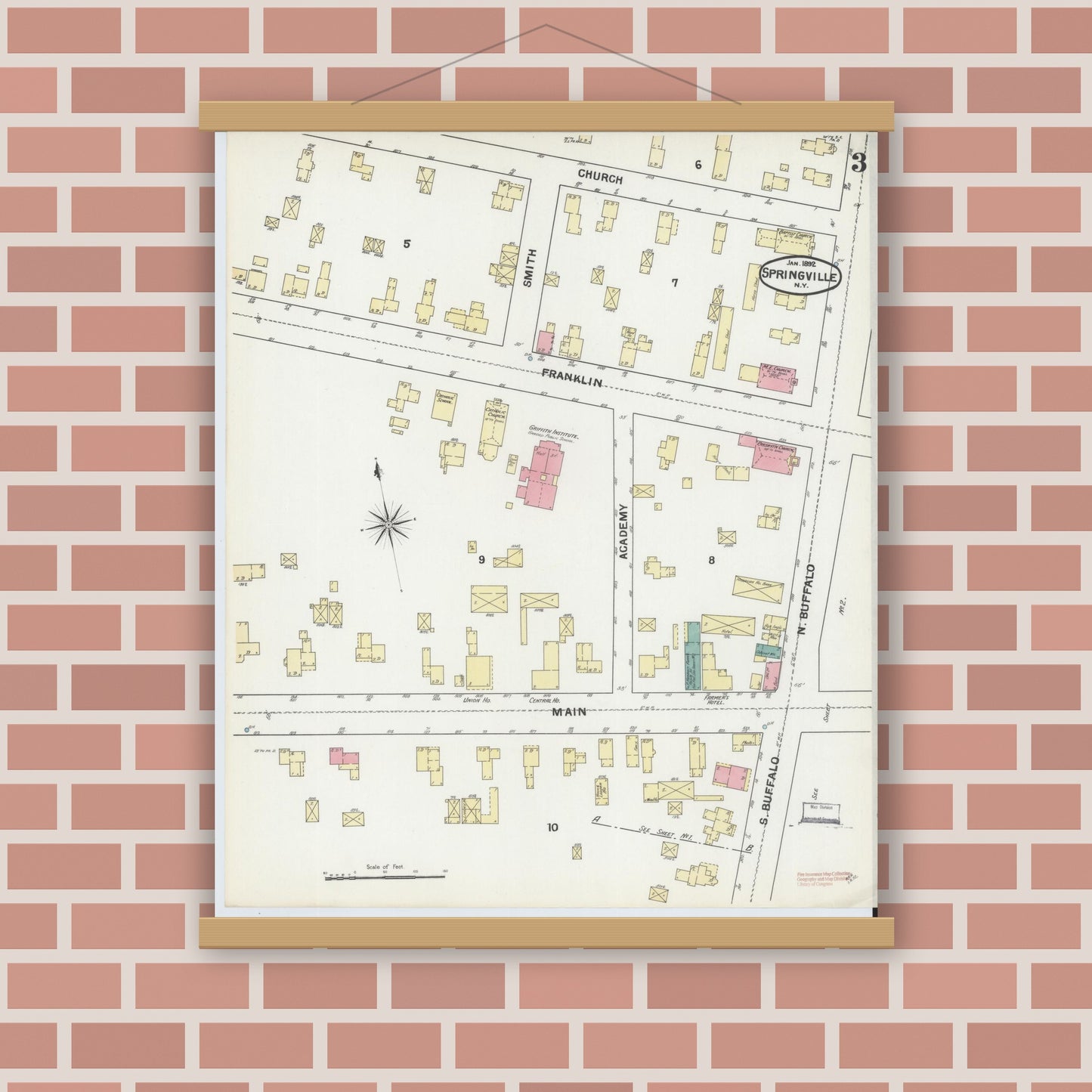 Old map wall art mockup — magnetic wood frame on brick wall — Sanborn Fire Insurance Map from Springville, Erie County, New York (1892), Sheet #0003