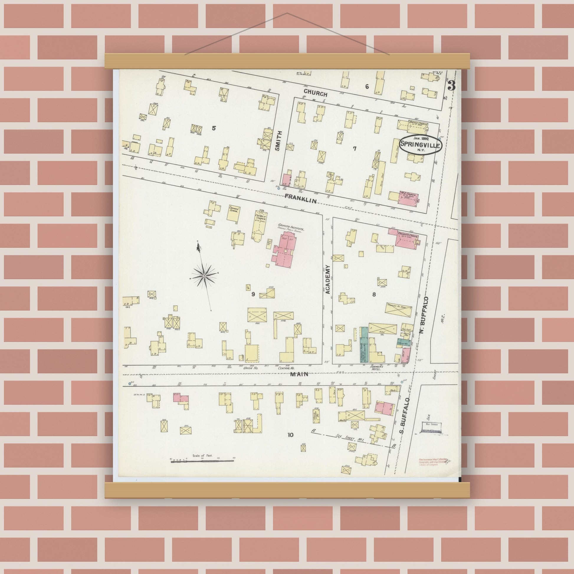 Old map wall art mockup — magnetic wood frame on brick wall — Sanborn Fire Insurance Map from Springville, Erie County, New York (1892), Sheet #0003
