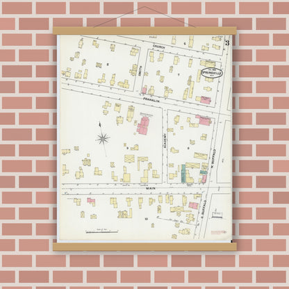 Old map wall art mockup — magnetic wood frame on brick wall — Sanborn Fire Insurance Map from Springville, Erie County, New York (1892), Sheet #0003