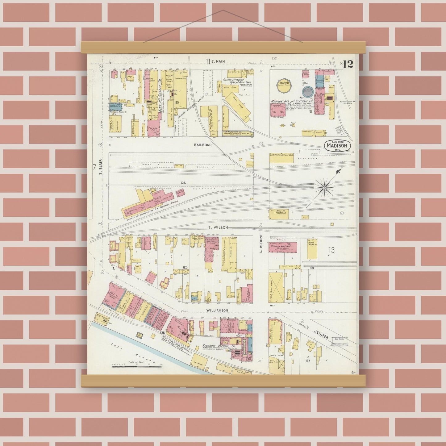 Old map wall art mockup — magnetic wood frame on brick wall — Sanborn Fire Insurance Map from Madison, Dane County, Wisconsin (1902), Sheet #0012