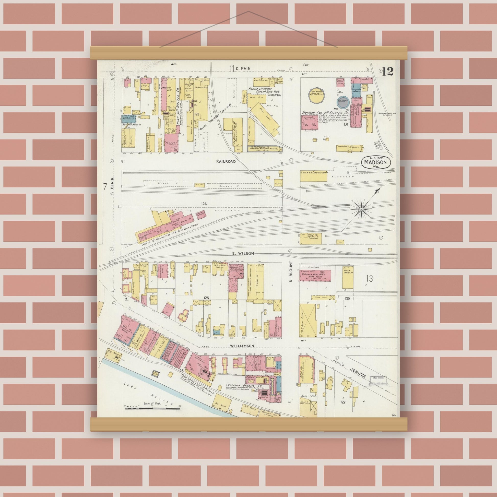 Old map wall art mockup — magnetic wood frame on brick wall — Sanborn Fire Insurance Map from Madison, Dane County, Wisconsin (1902), Sheet #0012