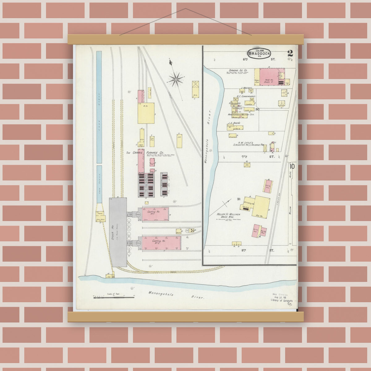 Old map wall art mockup — magnetic wood frame on brick wall — Sanborn Fire Insurance Map from Braddock, Allegheny County, Pennsylvania (1896), Sheet #0002