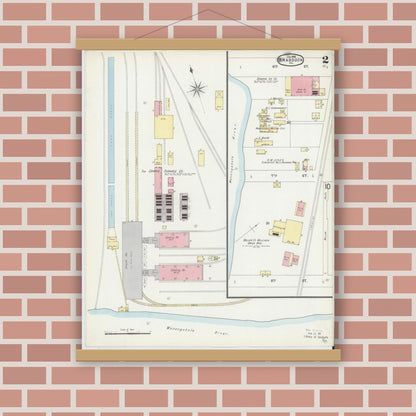 Old map wall art mockup — magnetic wood frame on brick wall — Sanborn Fire Insurance Map from Braddock, Allegheny County, Pennsylvania (1896), Sheet #0002