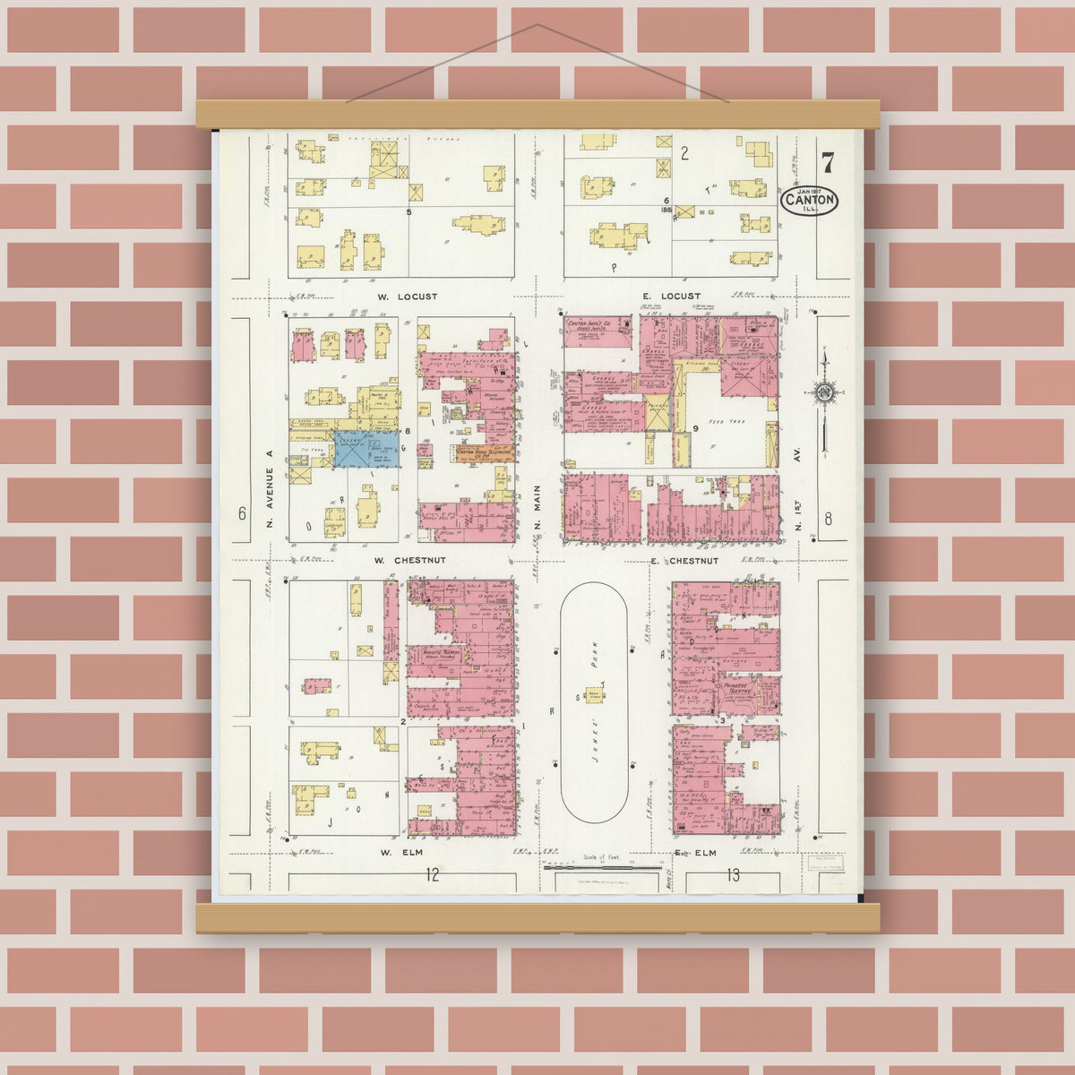 Old map wall art mockup — magnetic wood frame on brick wall — Sanborn Fire Insurance Map from Canton, Fulton County, Illinois (1917), Sheet #0007