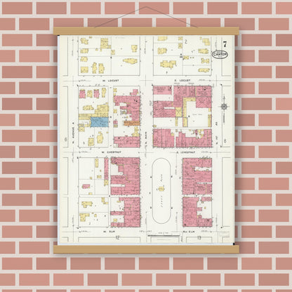 Old map wall art mockup — magnetic wood frame on brick wall — Sanborn Fire Insurance Map from Canton, Fulton County, Illinois (1917), Sheet #0007