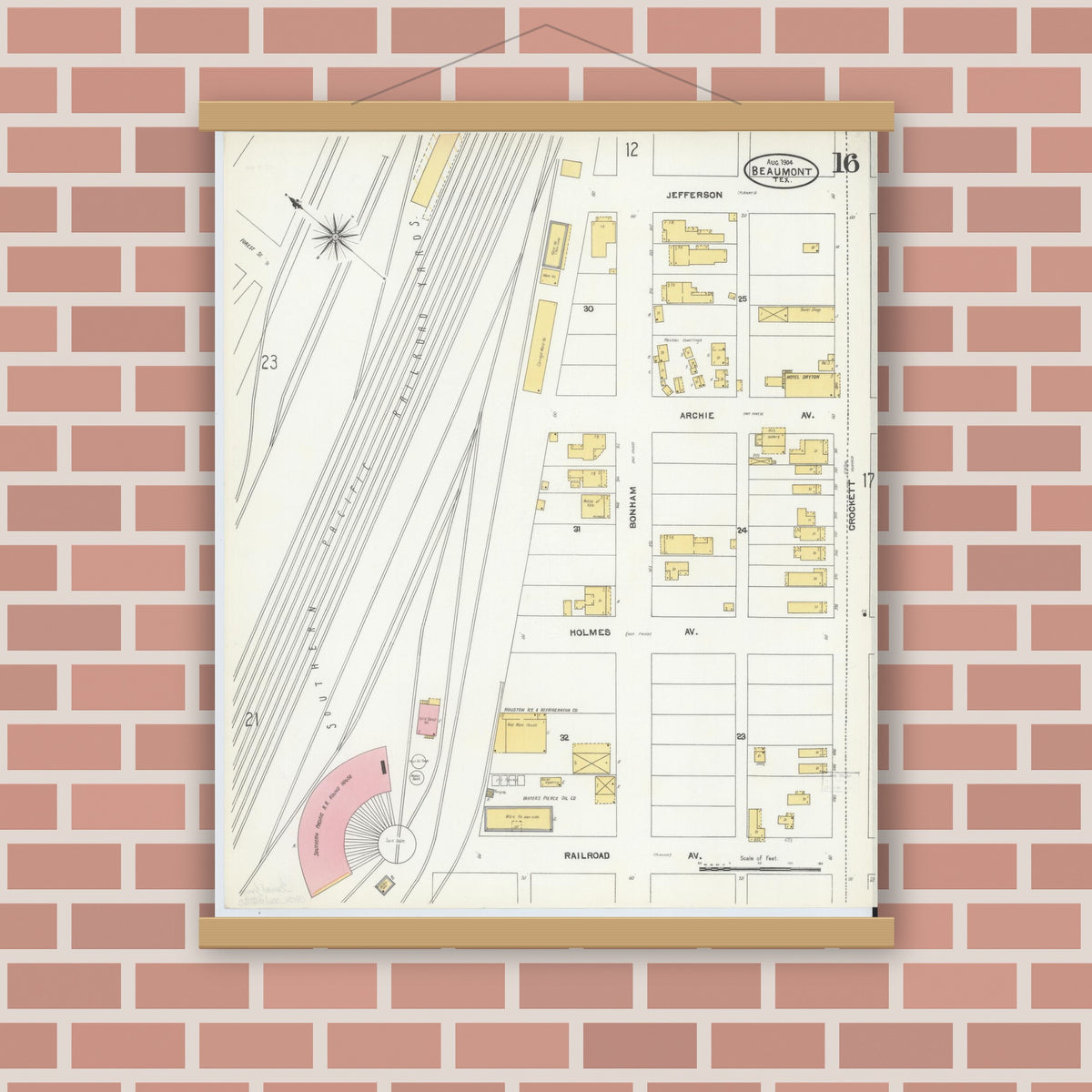 Old map wall art mockup — magnetic wood frame on brick wall — Sanborn Fire Insurance Map from Beaumont, Jefferson County, Texas (1904), Sheet #0016