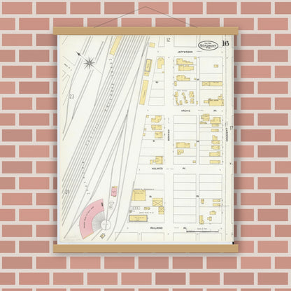 Old map wall art mockup — magnetic wood frame on brick wall — Sanborn Fire Insurance Map from Beaumont, Jefferson County, Texas (1904), Sheet #0016