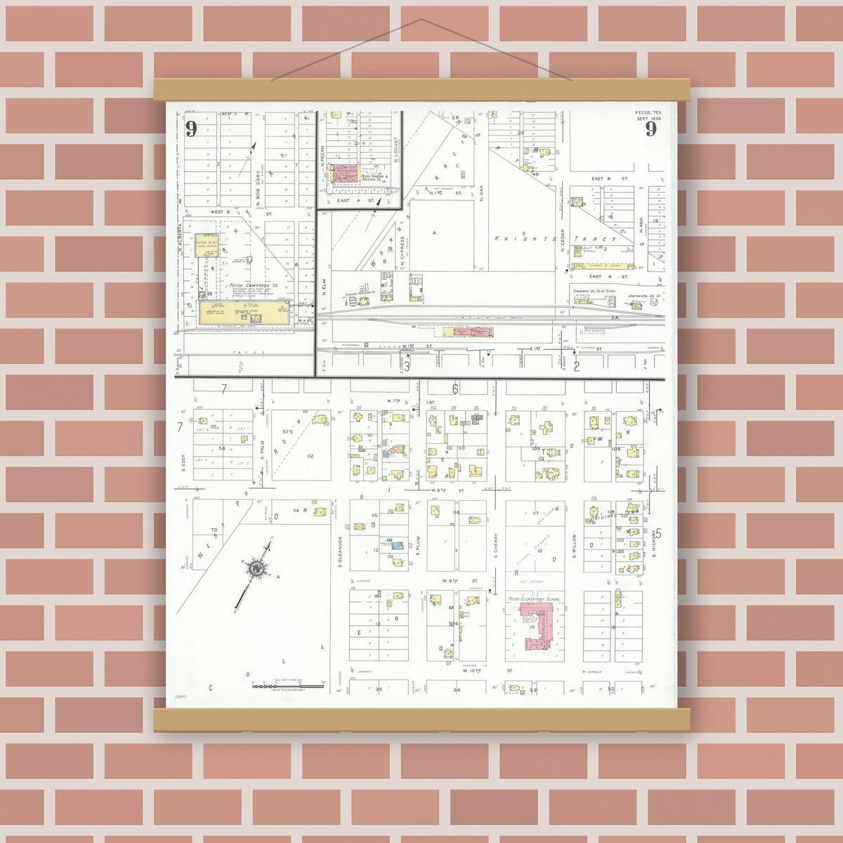 Old map wall art mockup — magnetic wood frame on brick wall — Sanborn Fire Insurance Map from Pecos, Reeves County, Texas (1939), Sheet #0009