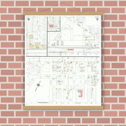 Old map wall art mockup — magnetic wood frame on brick wall — Sanborn Fire Insurance Map from Pecos, Reeves County, Texas (1939), Sheet #0009