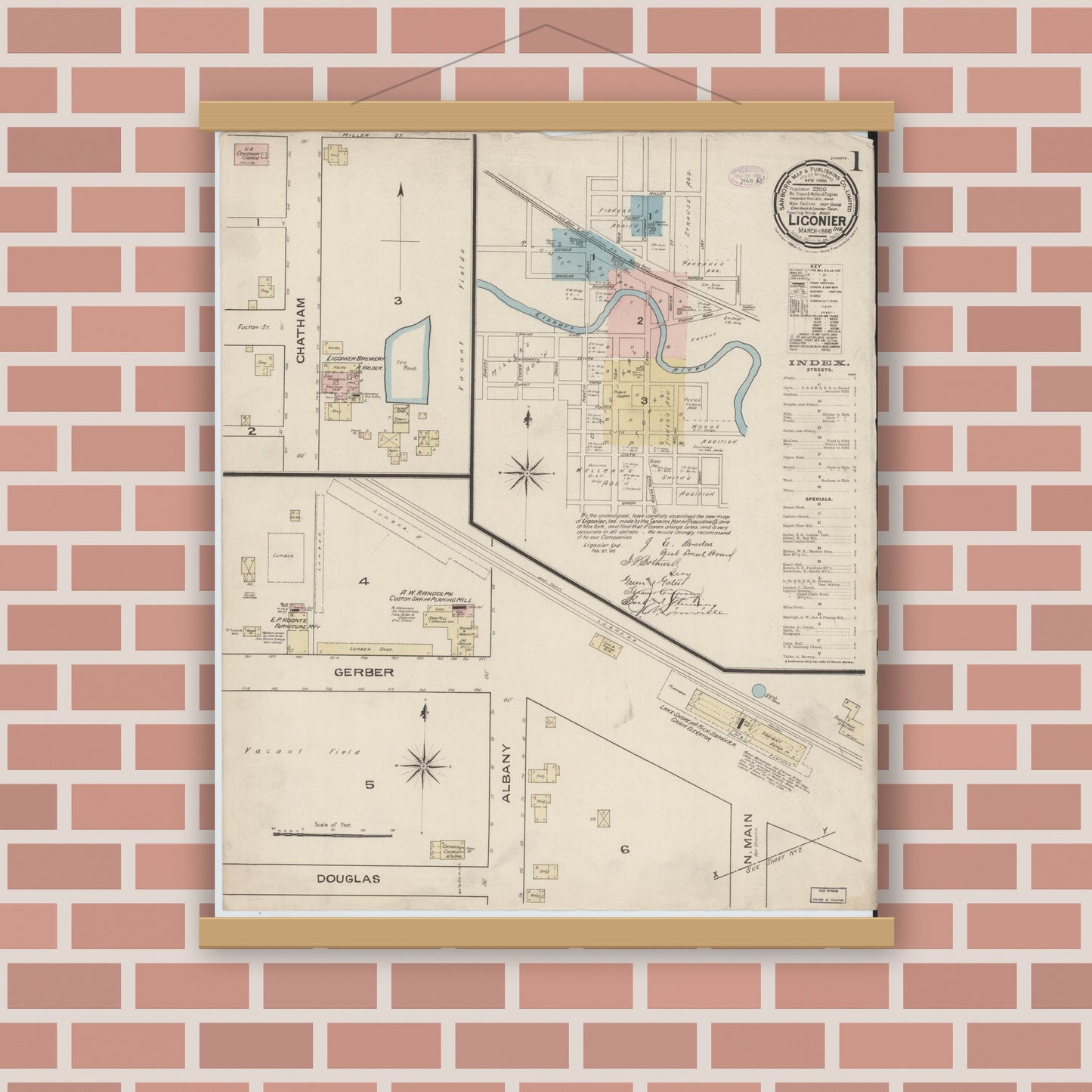 Old map wall art mockup — magnetic wood frame on brick wall — Sanborn Fire Insurance Map from Ligonier, Noble County, Indiana (1886) - Complete Map Set