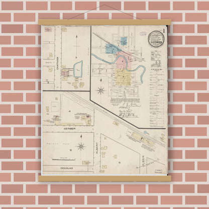 Old map wall art mockup — magnetic wood frame on brick wall — Sanborn Fire Insurance Map from Ligonier, Noble County, Indiana (1886) - Complete Map Set